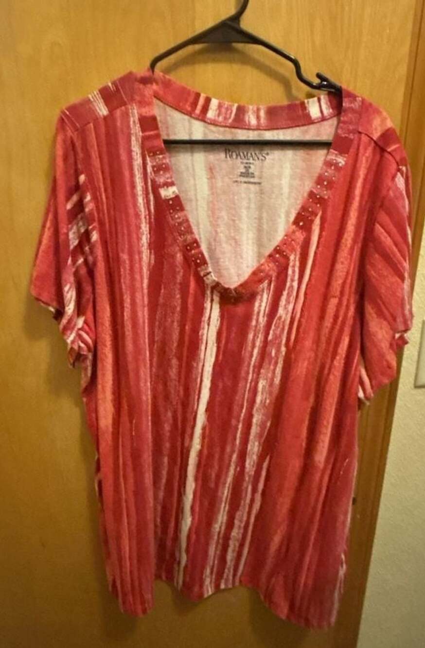 Roaman's Red and White Striped V-Neck Short Sleeve Top with Stud Embellishments